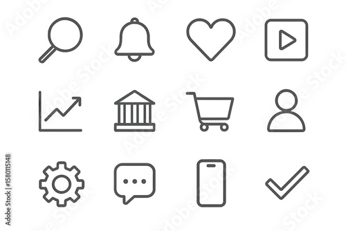 Set of multimedia and commerce icons on dark gradient background