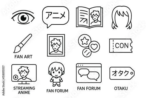 Anime icons set featuring fan art, streaming, and otaku culture