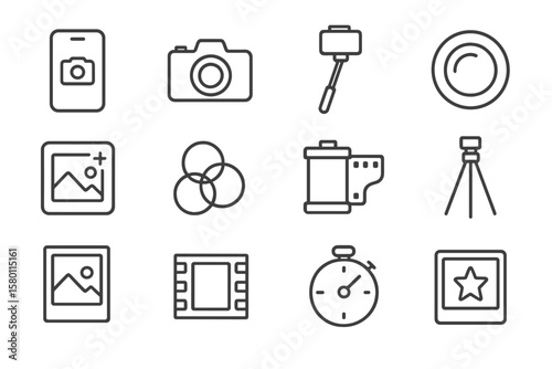 Photography icons set: camera, tripod, lens, film, selfie stick, stopwatch