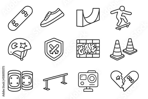 Skateboarding icons: skateboard, ramps, helmets, graffiti, camera, safety gear