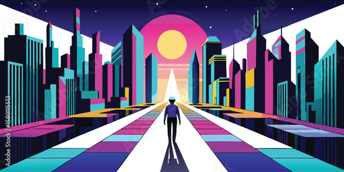 Person Walking Towards Bright Futuristic Cityscape