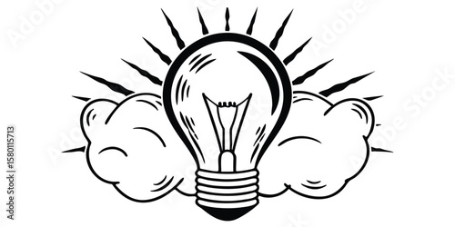 A lightbulb with radiating lines and cloud like shapes in a black and white illustration style art