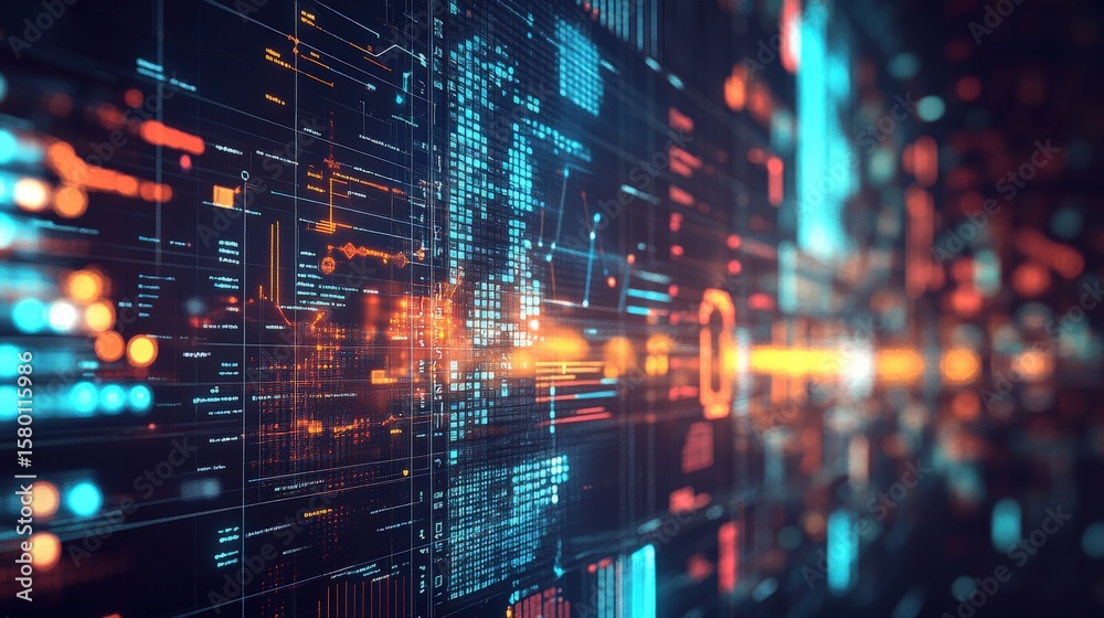 Obraz premium Abstract digital display with glowing code and data streams.