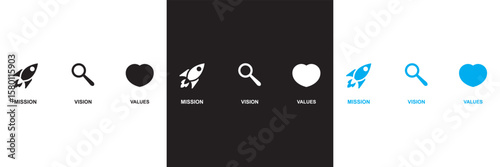 Vision, mission and values  icons . Vector for websites, mobile interfaces, presentations, banner, visual branding etc. Vector illustration. isolated on white and black background. EPS 10