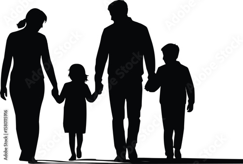 Silhouette of a happy family with two children walking hand in hand
