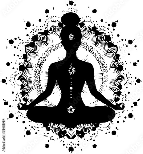 Yoga woman silhouette meditating in lotus pose simple vector art