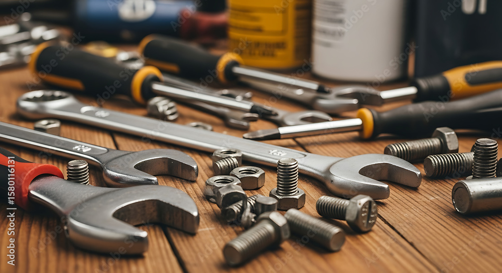 Fototapeta premium Assorted wrenches, bolts, and nuts scattered on a wooden workbench, surrounded by blurred containers of automotive fluids.