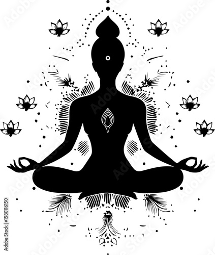 Yoga Woman Silhouette Sitting in Lotus Pose for Meditation and Relaxation