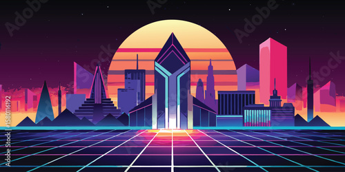 Retro Futuristic Cityscape at Sunset with Grid
