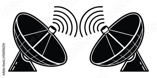 Two satellite dishes communicating with each other through radio waves in black and white style