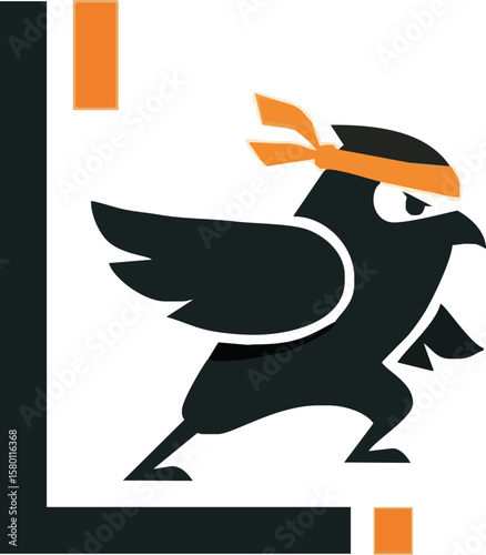 A stylized illustration of a ninja bird with an orange headband and a black body.