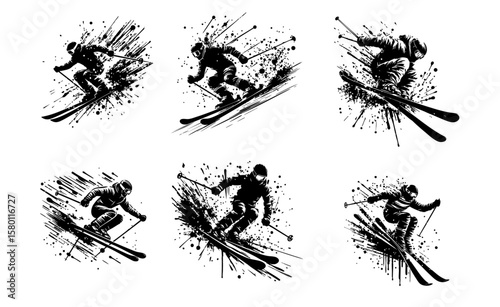 Ski Silhouette Grunge Splatter and Dripping Spray Effects