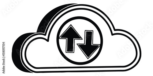 Cloud icon with upload and download arrows inside a circle in black and white design style image