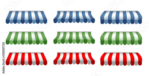 Set of striped red blue and green vector awnings for storefronts market stalls or cafes isolated on white background perfect for summer design themes.