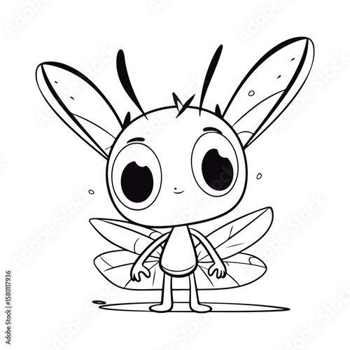 A black and white drawing of a baby Cricket kawai coloring page illustration.