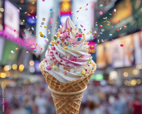 Giant neon-lit ice cream sculpture in the middle of Times Square