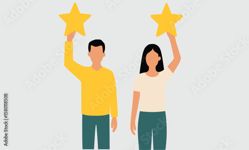 Vector People standing holding stars in hands.