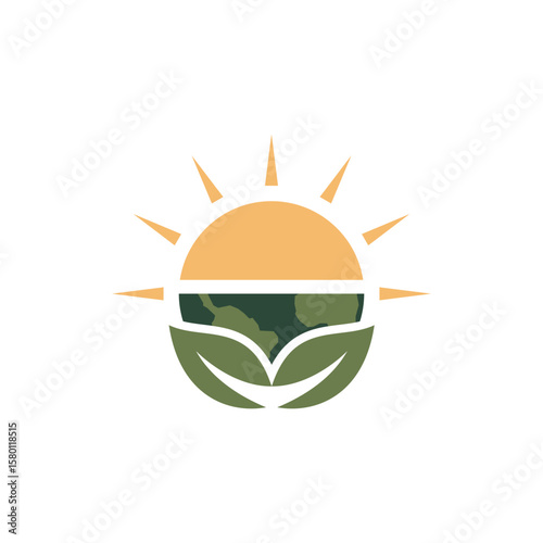 A simple and modern vector logo of the sun, earth, and leaves. Perfect for the environmental, technology, solar panel, landscape, and other industries.