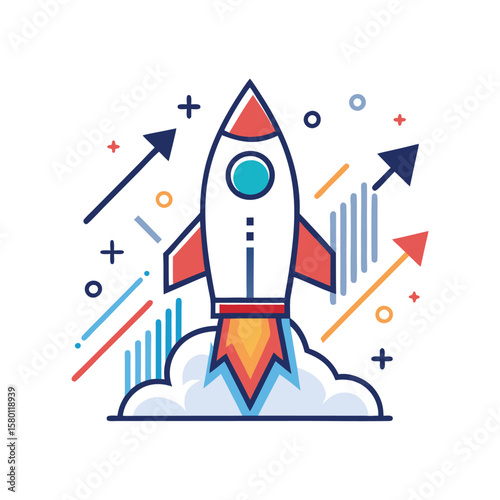 Rocket launching with upward arrows and geometric shapes