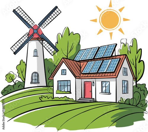 Eco friendly house with solar panels and windmill generating clean energy