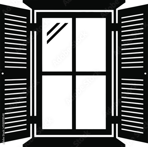Black and white vector illustration of a window with open shutters simple graphic design architectural element isolated on white background window frame home decor building