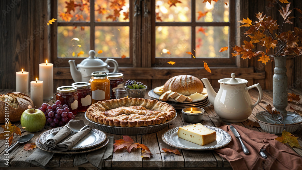 Fototapeta premium Autumn farmhouse breakfast by the window with candles, pie and rustic bread