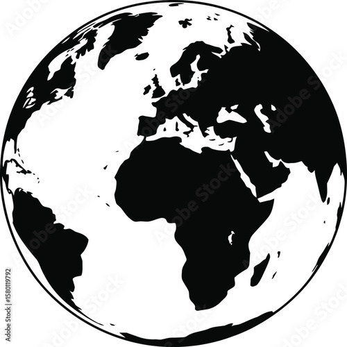 Black and white illustration of the Earth globe showing continents like Europe Africa South America and more isolated on a white background in a minimalist