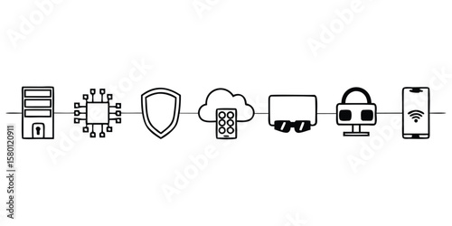Network security and connectivity icons showing server chip shield cloud monitor and smartphone design