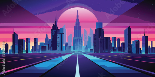 Retro Futuristic Cityscape at Sunset with Highway