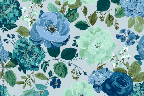 Seamless Pattern – Preppy Grandmillennial Block Print Florals in Lush Blues and Greens with Roses, Peonies, and Hydrangeas, Vintage Texture for Elegant Garden Party Fabric Designs