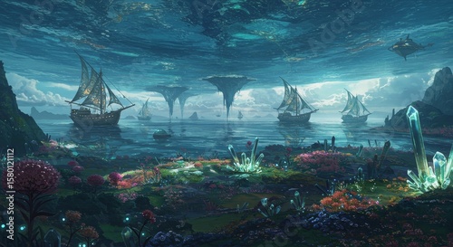 Enigmatic seascape showcases sailing ships amidst crystal formations and floating islands