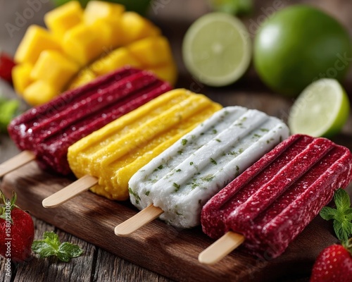 Vibrant Mexican paletas with fresh fruit chunks mango-chili