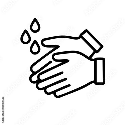 Hand hygiene icon showing hands with water drops for cleanliness and safety.
