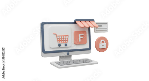 3D eCommerce Online Shopping Security with Shopping Cart and Card