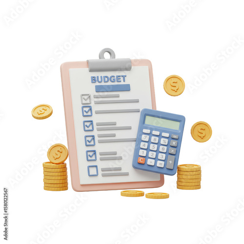 3D Finance Budget Calculator with Clipboard Money Coins and Transparent Background