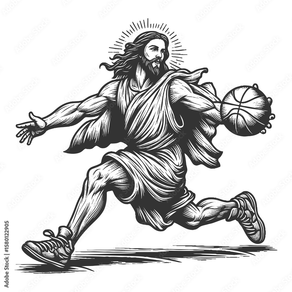 Obraz premium Jesus in motion, dribbling a basketball while wearing robes and sneakers with radiant halo sketch engraving generative ai fictional character raster illustration. Scratch board. Black and white image.