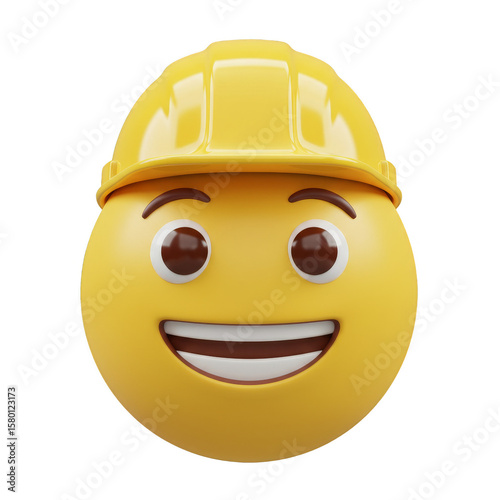 3D Emoji Construction Worker with Yellow Helmet Happy Smiling Face