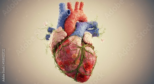 Floral heart intricate bloom arrangement for medical or conceptual themes with botanical elegance