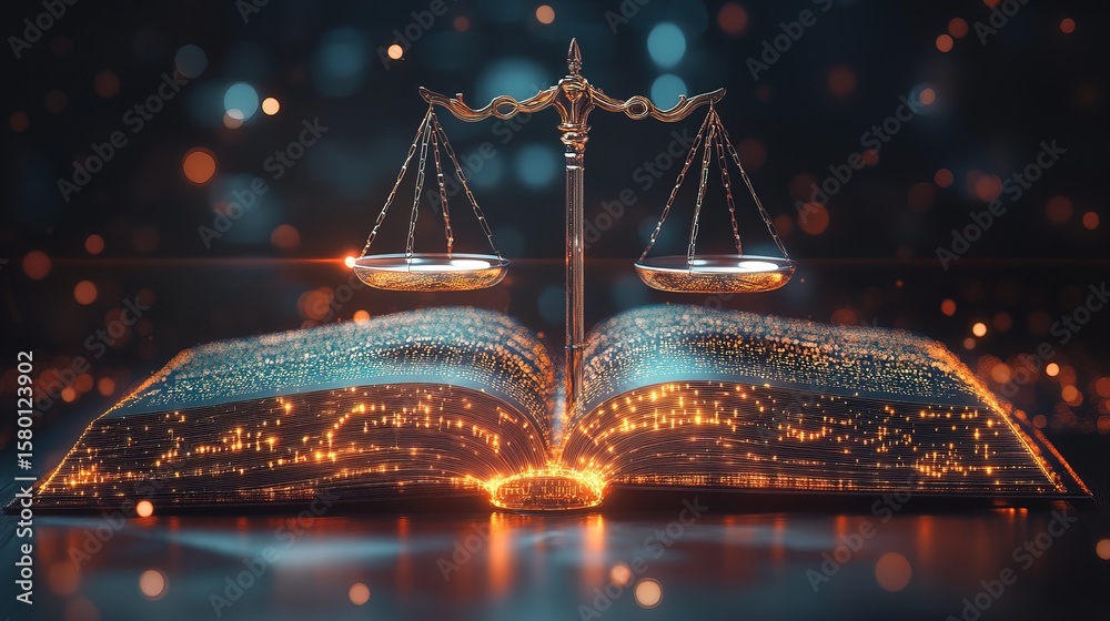 Obraz premium Holographic law book filled with AI-generated legal precedents 