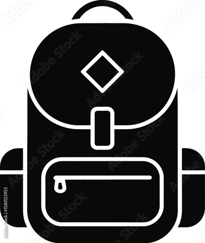 Black and White Backpack Icon Illustration for Travel Hiking School or Camping featuring a simple design with straps pockets and a diamond shape on the