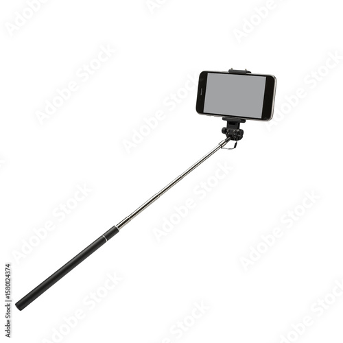 Selfie stick with smartphone for photography and social media use  no background, isolated