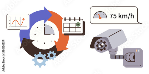 Surveillance camera tracking speed, performance graph, calendar with checkmark, and clock with arrows. Ideal for time management, traffic safety, data analysis, productivity, scheduling monitoring