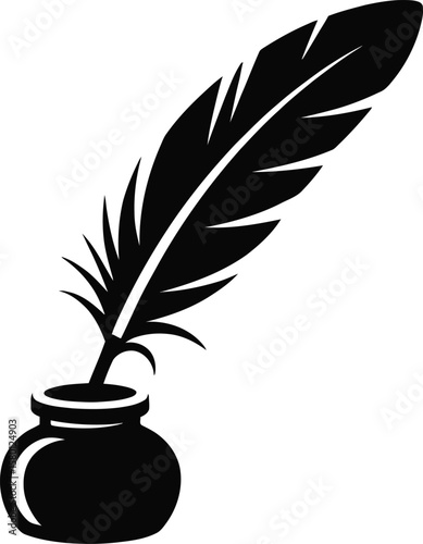 Elegant black and white illustration featuring a classic quill pen inserted into an inkwell symbolizing writing history literature and creative expression in a simple iconic