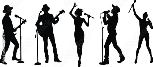 Silhouetted musical performers on stage singing and playing instruments in concert