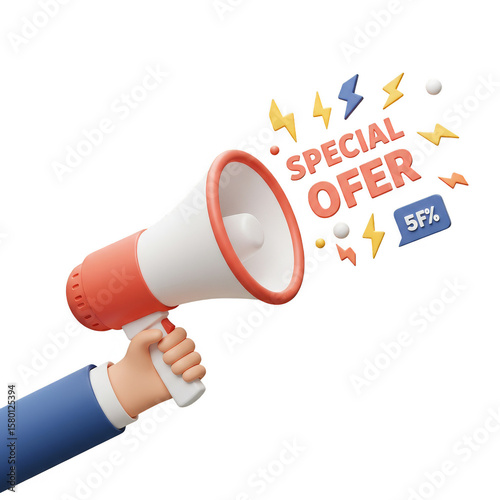 3D Hand Announcing Special Offer with Megaphone on Transparent Background