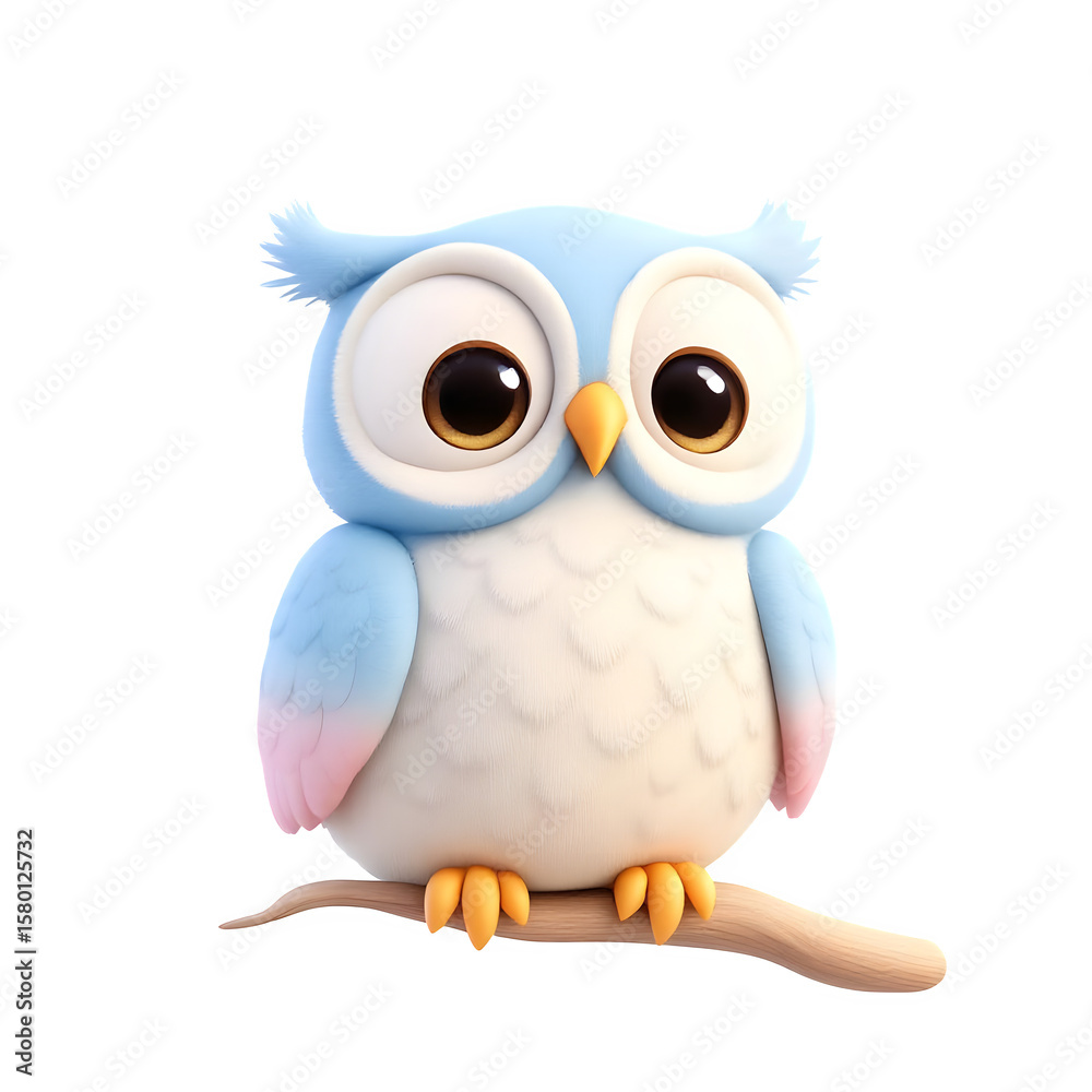 A charming cartoon baby owl with big eyes and fluffy feathers sits on a branch, isolated on a transparent background A charming cartoon baby owl with big eyes and fluffy feathers sits on a branch, isolated on a transparent background