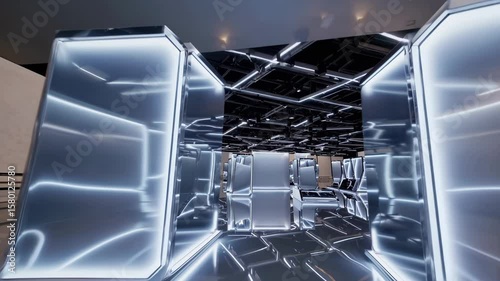 LED lit server corridor frames futuristic hallway, mirror walls echo server lights, quiet fans guard fast server racks. Concept data technology