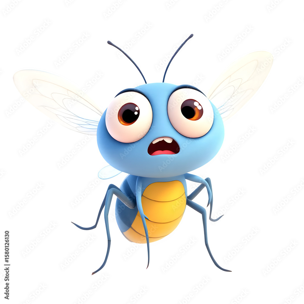 Obraz premium A surprised cartoon fly with large eyes and spread wings, isolated on a transparent background