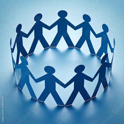 A circular chain of blue paper cutouts representing diverse people holding hands. The background is a soft blue, emphasizing unity and togetherness.
