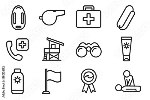 Lifeguard icons: whistle, first aid, binoculars, cpr, and safety supplies
